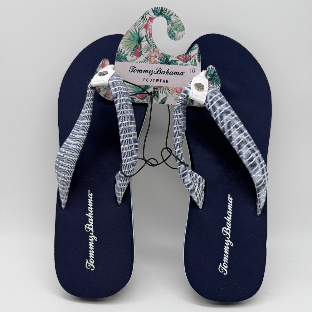 Tommy Bahama Miramar Flip Flops Women Size 10 Navy Blue Chevron Fabric Straps